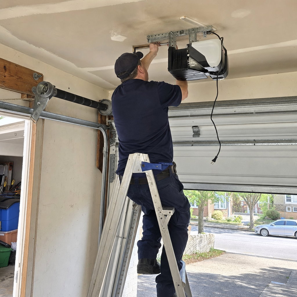 Technician installing a garage door opener motor on the ceiling in Audubon, PA